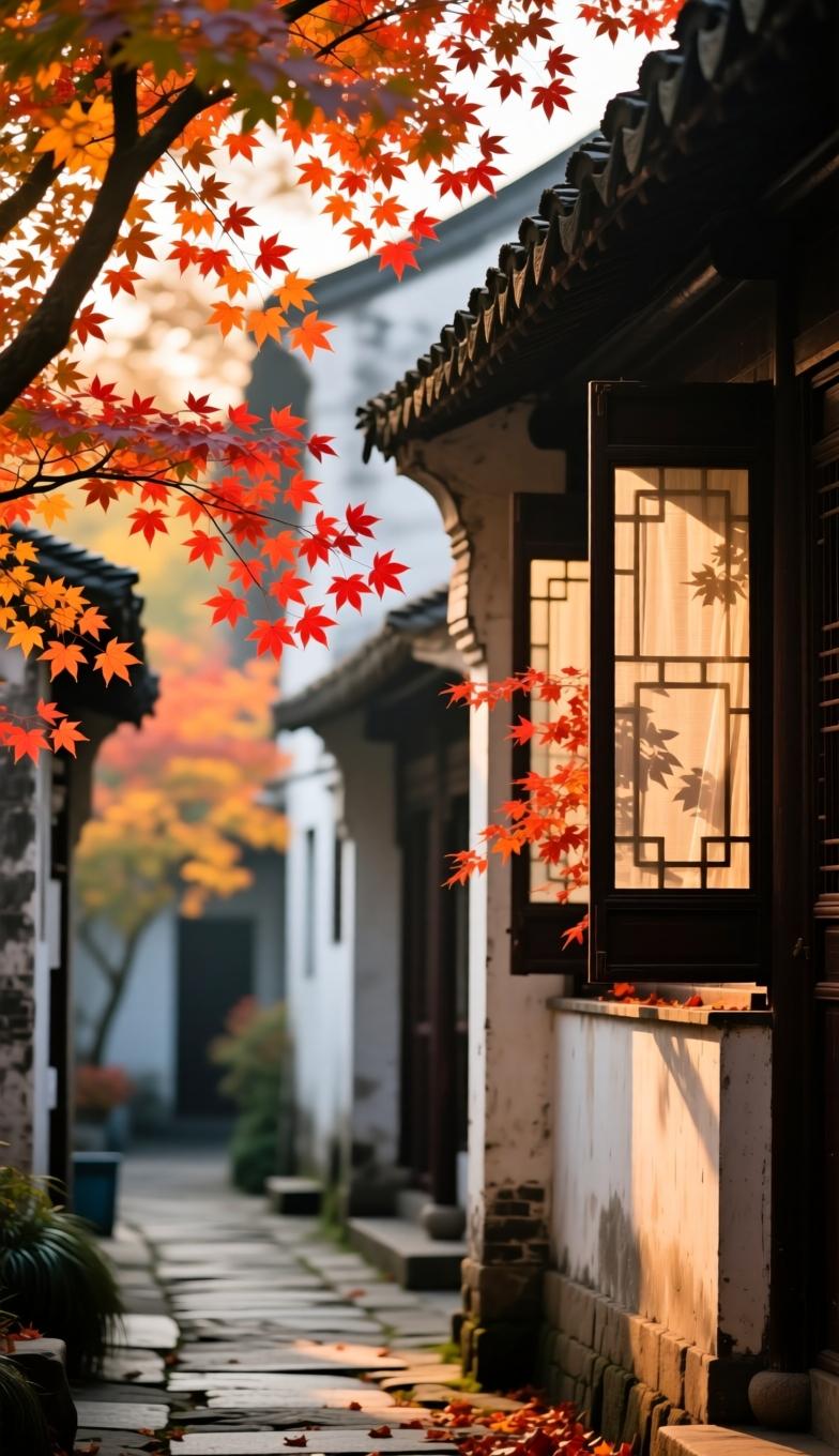 秋·古巷枫
 
古巷深庭染落霞，
丹枫偷醉上窗纱。
西风不诉离愁绪，
只送秋香到