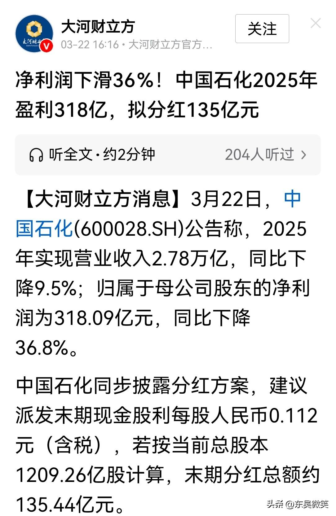 据大河财立方消息，中国石化2025年实现营收2.78万亿元，同比下降9.5％，净