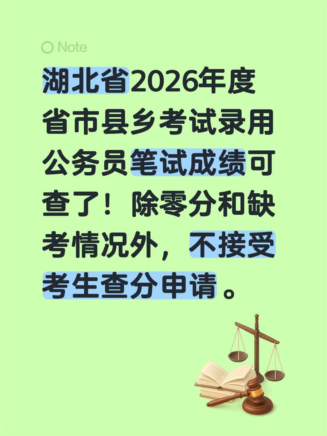 湖北省2026年度省市县乡考试录用公务员笔试成绩可查了！除零分和缺考情况外，不接