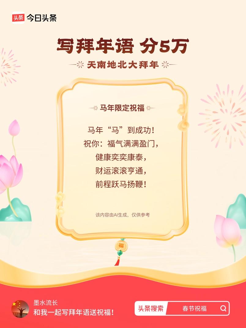 写拜年语送祝福新春拜年送祝福！我的祝福是：“马年“马”到成功！祝你：福气满满盈门