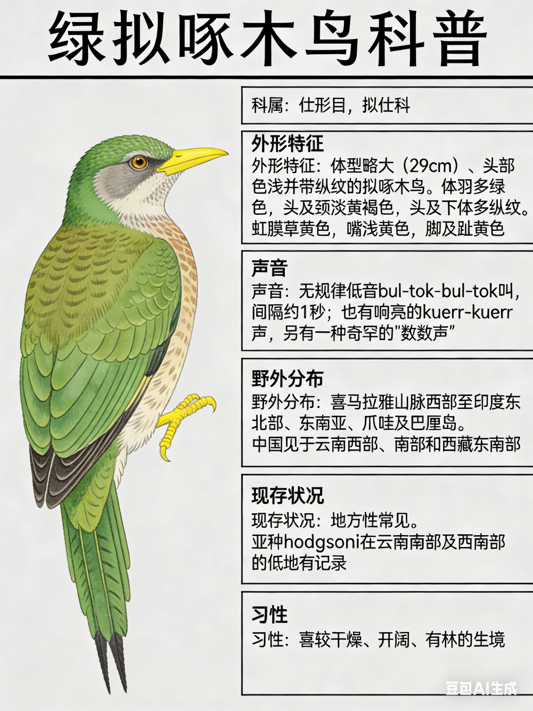 鸟类朋友图鉴 绿拟啄木鸟·科属：￼形目，拟￼科。·外形特征：体型略大（29cm）
