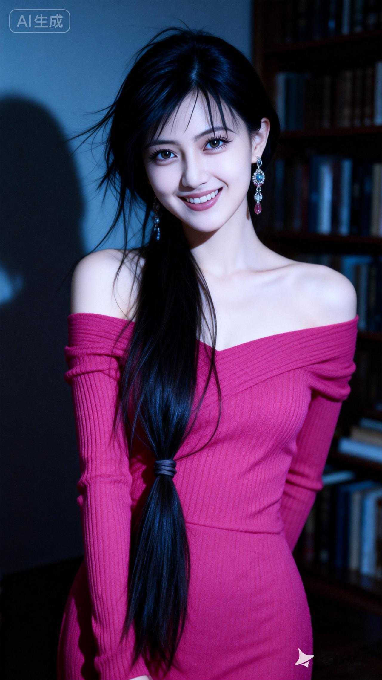 甜美少女心爆棚，粉色连衣裙搭配精致耳饰，书香气息满满！💖📚✨