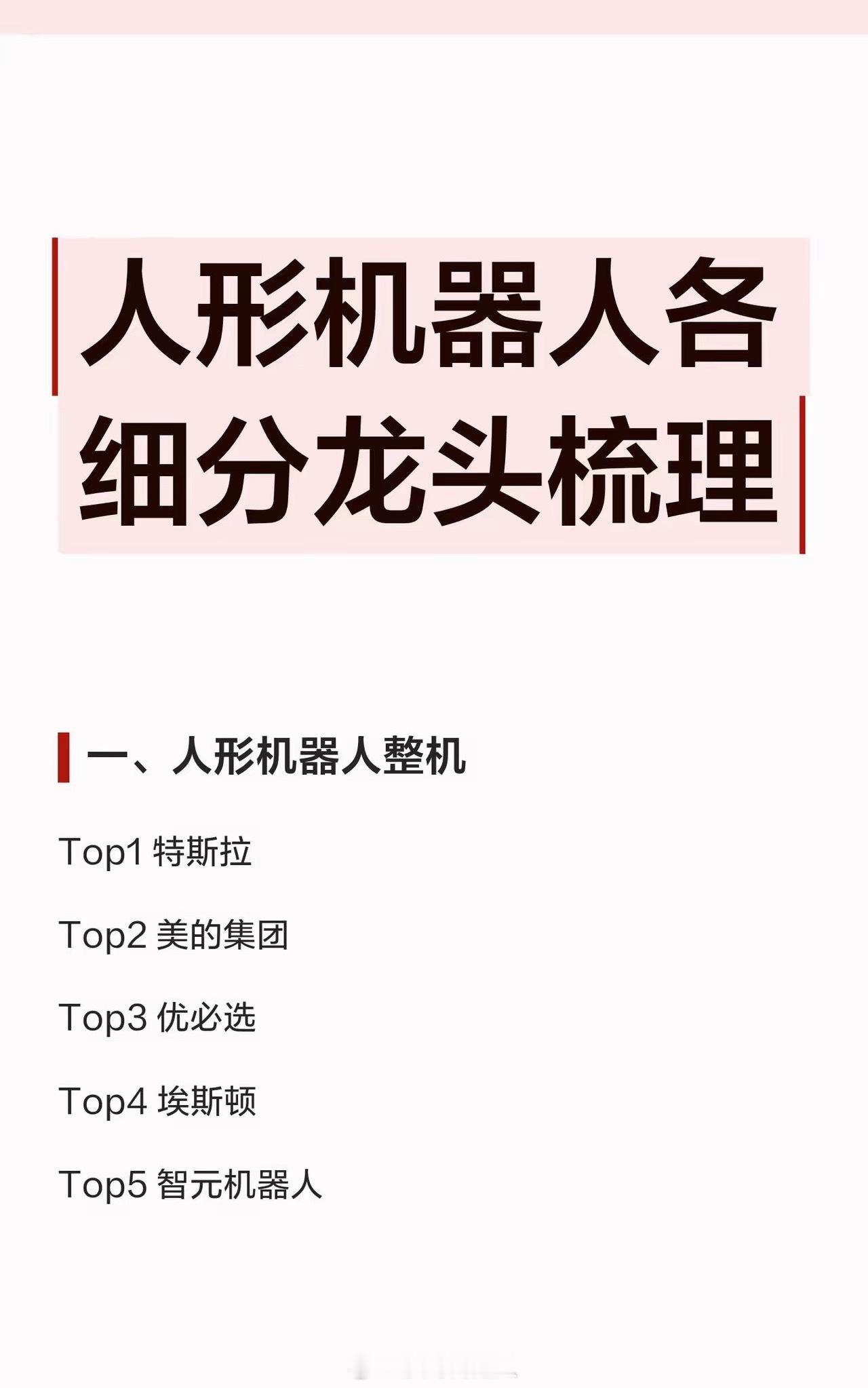 人形机器人各细分龙头梳理一、人形机器人整机Top1 特斯拉Top2 美的集团To