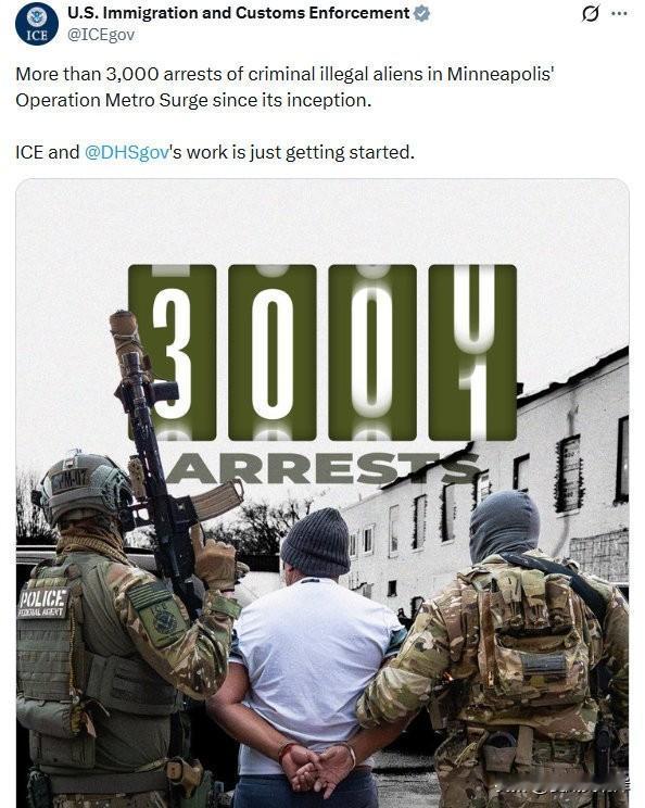 ICE宣布已在明尼阿泼利斯逮捕了超过3000名有犯罪记录的非法移民。
“自“地铁