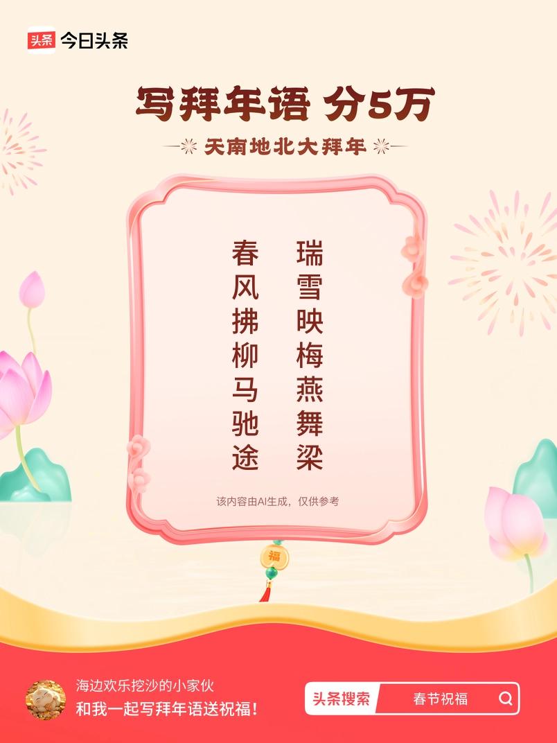 写拜年语送祝福新春拜年送祝福！我的祝福是：“春风拂柳马驰途，瑞雪映梅燕舞梁”！快