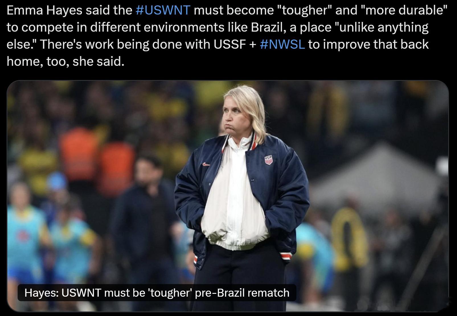 NWSL 海耶斯：美国女足必须“更强硬”，走出舒适区备战与巴西二番战美国女足国家