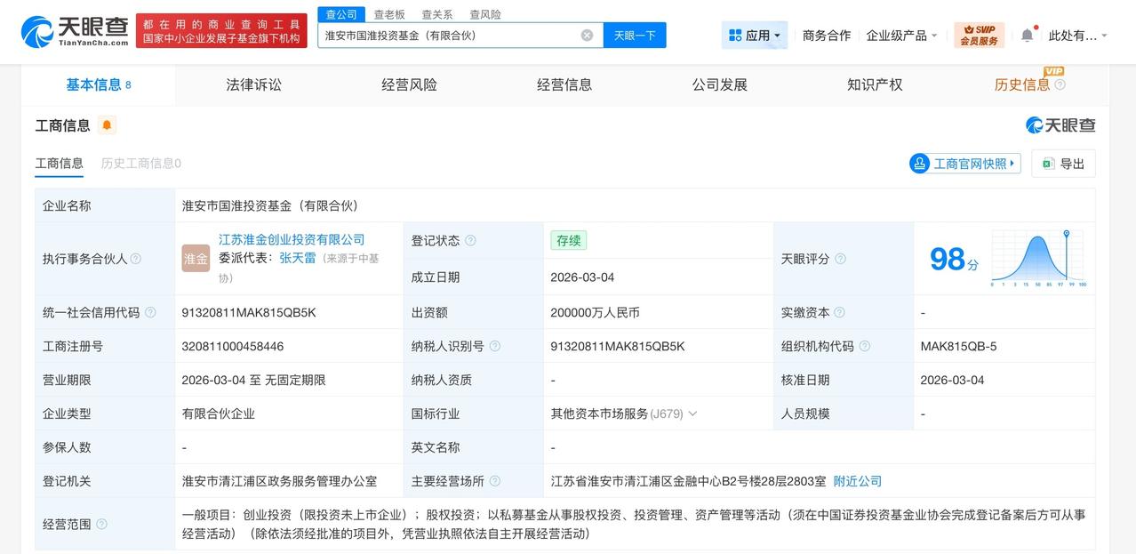 淮安市国淮投资基金登记成立 出资额20亿
天眼查工商信息显示，近日，淮安市国淮投