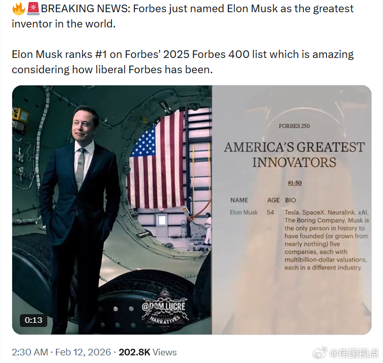《福布斯》刚刚评选 埃隆·马斯克为全球最伟大的发明家。在《福布斯》2025 年 