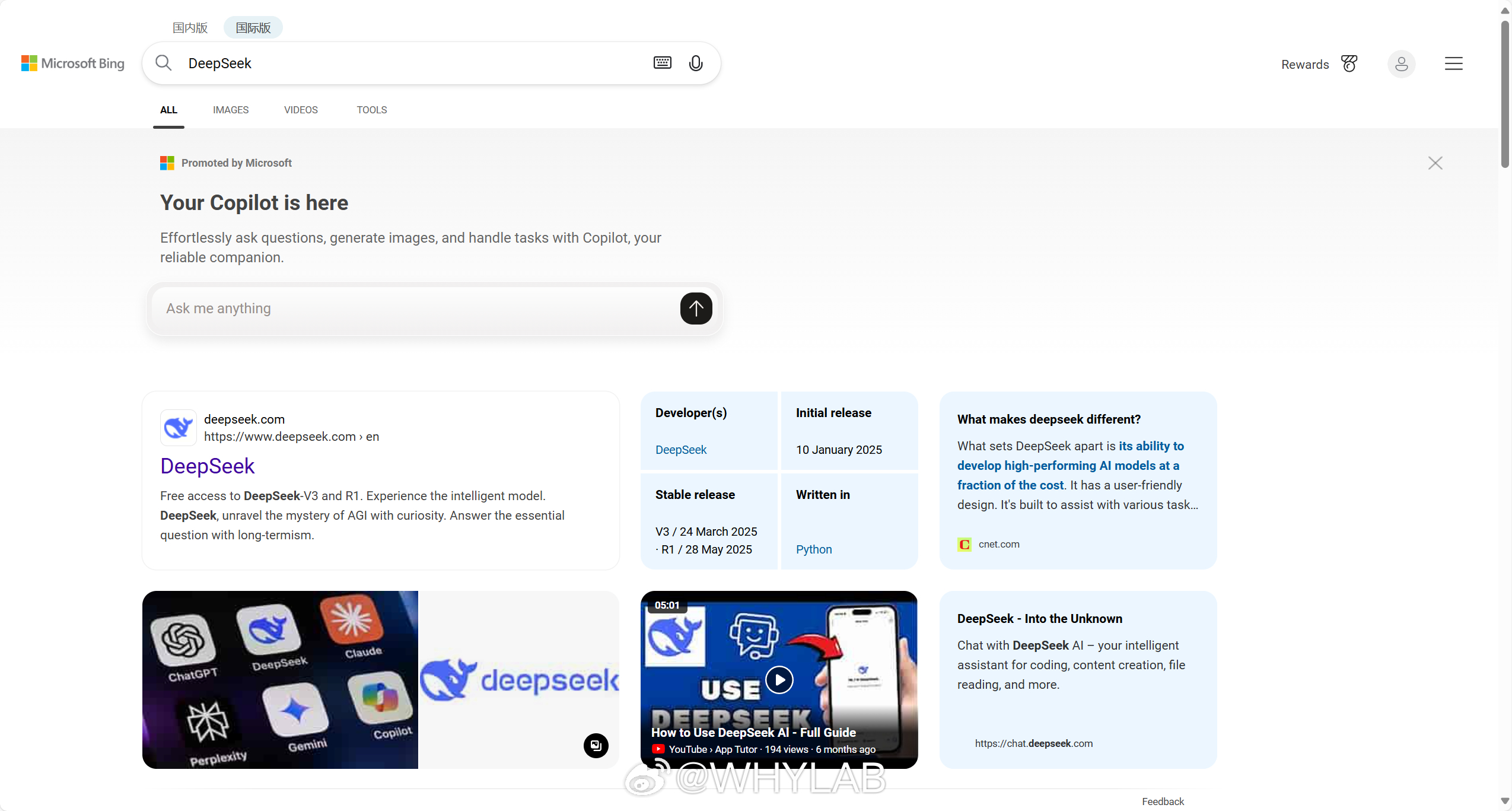 微软海外版 bing 搜索 DeepSeek 等 AI 会弹出自己的 Copil