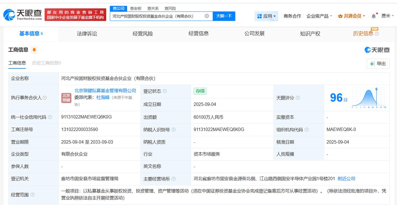 出资额6.01亿
天眼查工商信息显示，近日，河北产投固财股权投资基金合伙企业（有