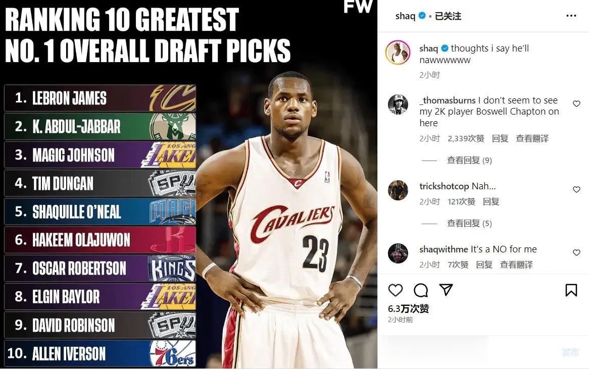 过度的谦虚就是虚伪！“大鲨鱼”奥尼尔今日发推排NBA 历史十大状元郎，他将三连冠