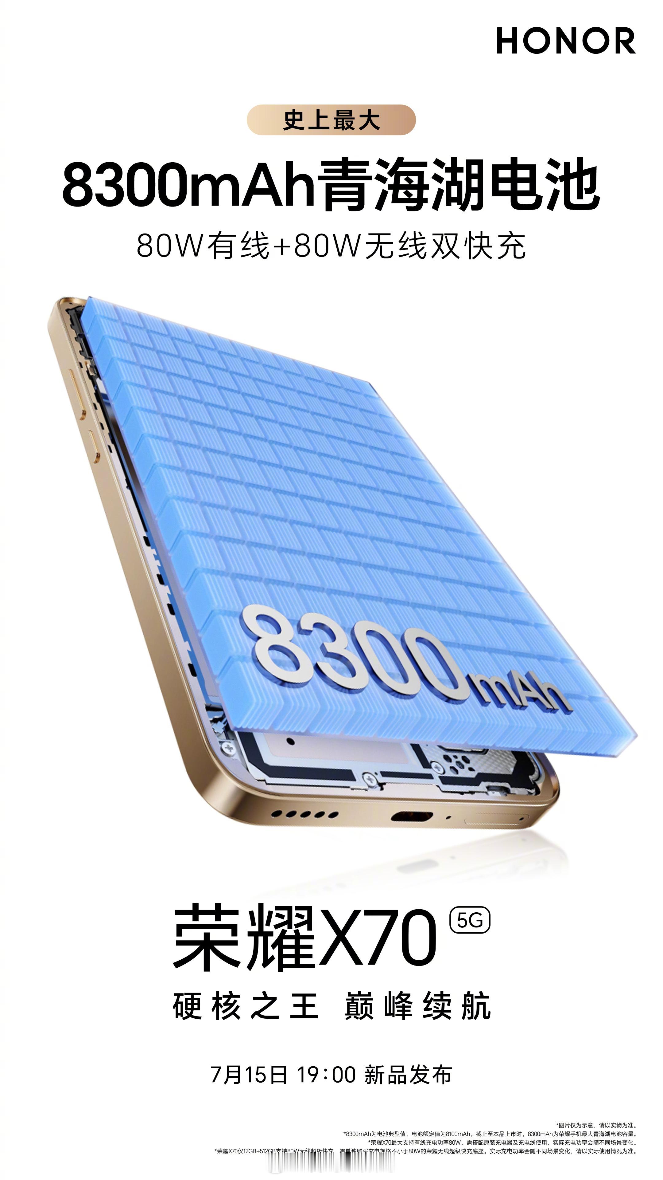 荣耀X70史上最大8300mAh青海湖电池，80W有线超级快充+80W无线超级快