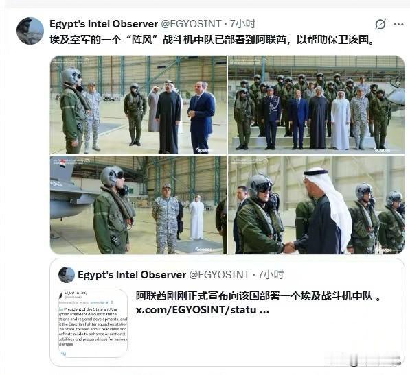 埃及空军进驻阿联酋，以保护阿联酋安全。

美国中东威慑力下降后，中东王爷国都开始