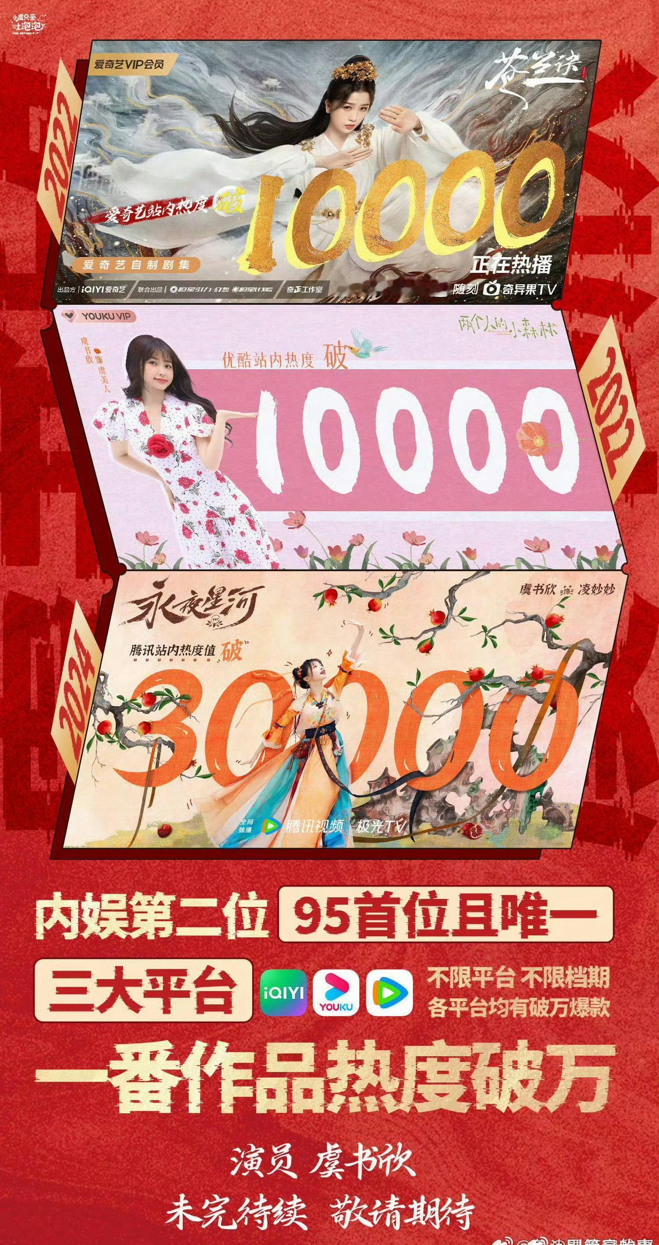 一搭苍兰决二搭永夜星河都大爆
有这样的扛剧女王谁不想继续合作
好本子一个一个来，