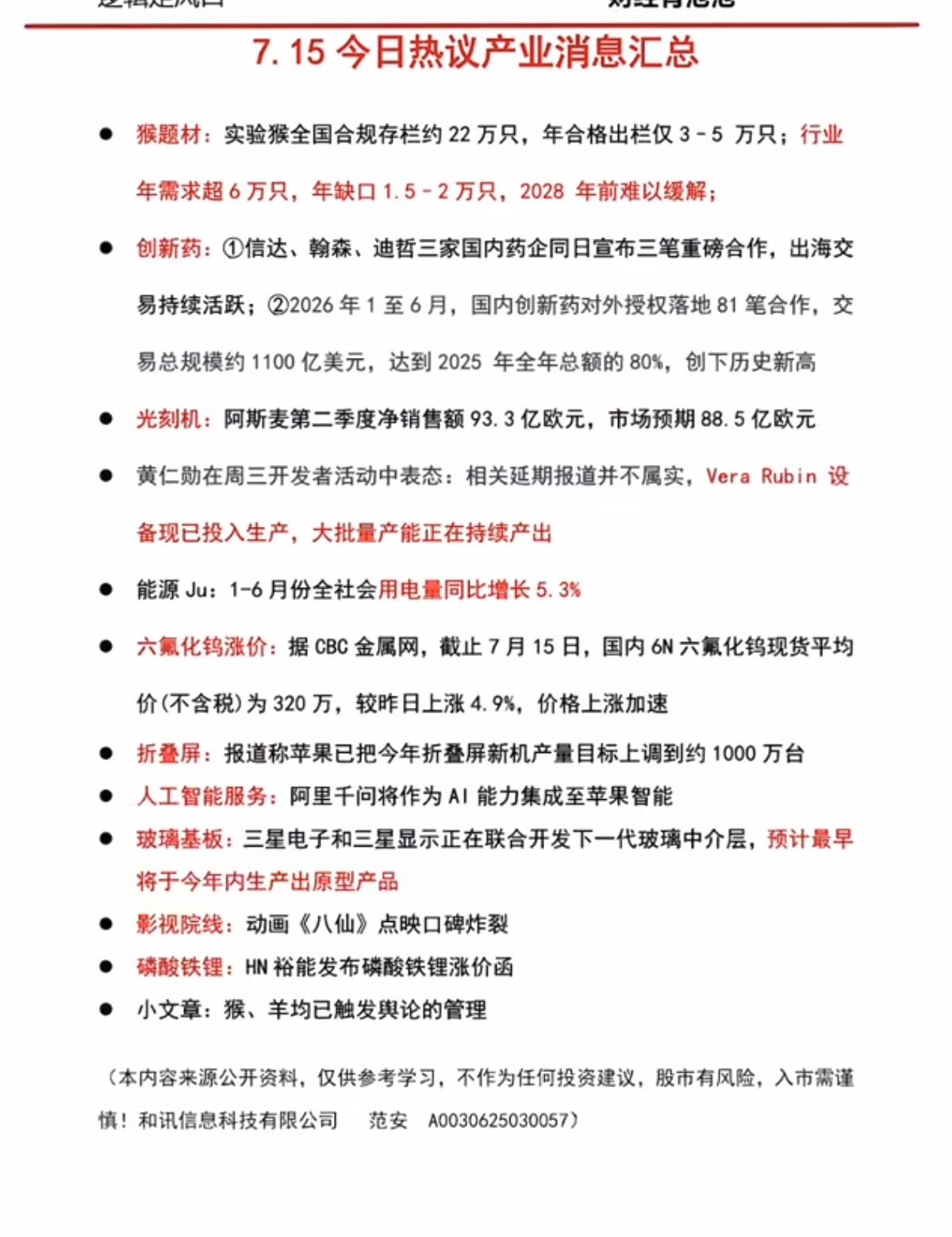7.15周三  晚间：财经热点信息参考！

1.大模型
2.算力硬件
3.实验猴