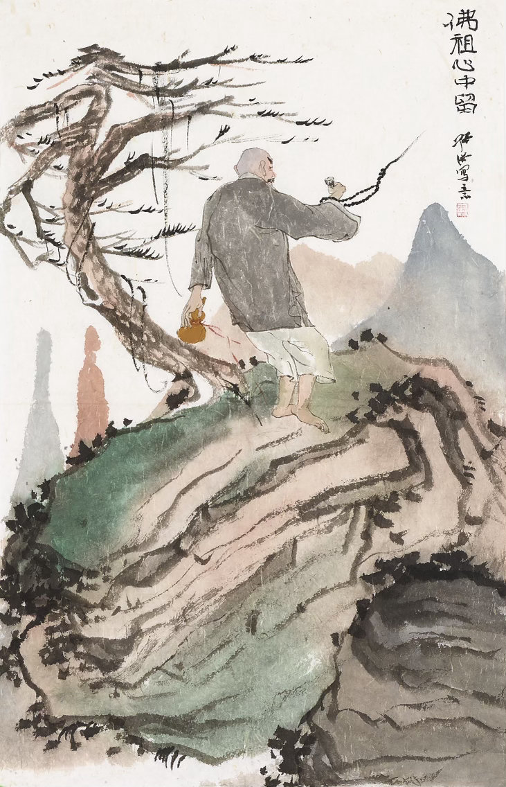 赤足踏石，步步是菩提老僧赤足立于嶙峋山石，衣袂随风，神情安然。枯枝斜出，如禅杖点