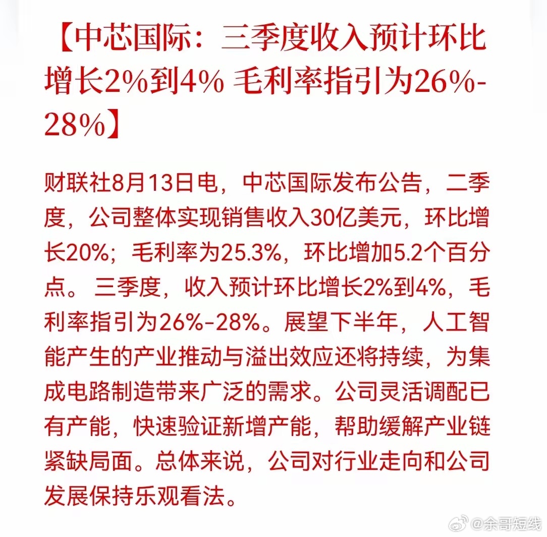 半导体明天即将起飞！盘后，中芯国际甩出一份足以让半导体圈震撼的财报，二季度实现销