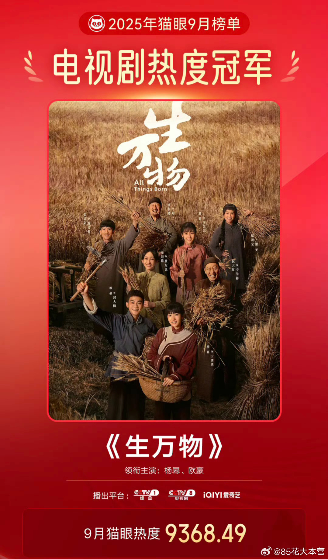 《生万物》9月猫眼电视剧热度榜冠军！8月收官，9月依然冠军！连续2个月登顶了生万
