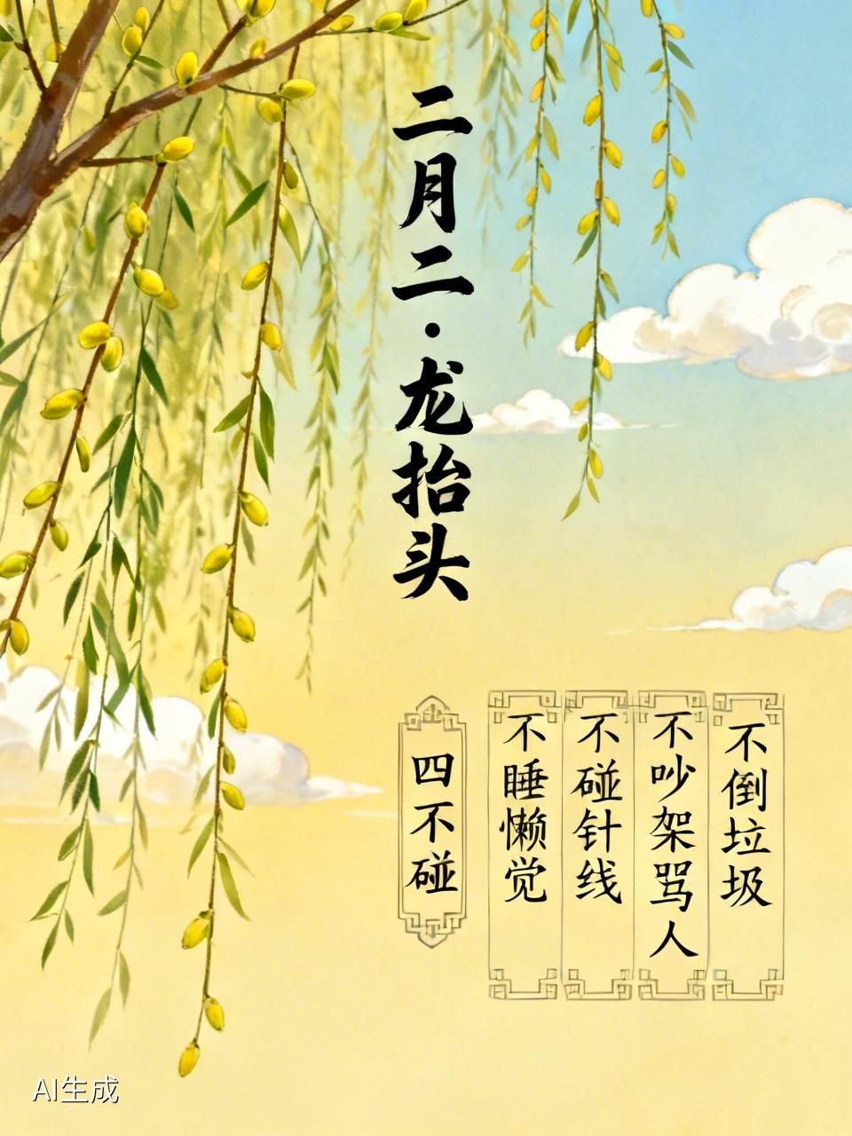 今天是二月二龙抬头，适逢春风。民间传说有“四不碰”：
一是不睡懒觉，春分龙抬头，