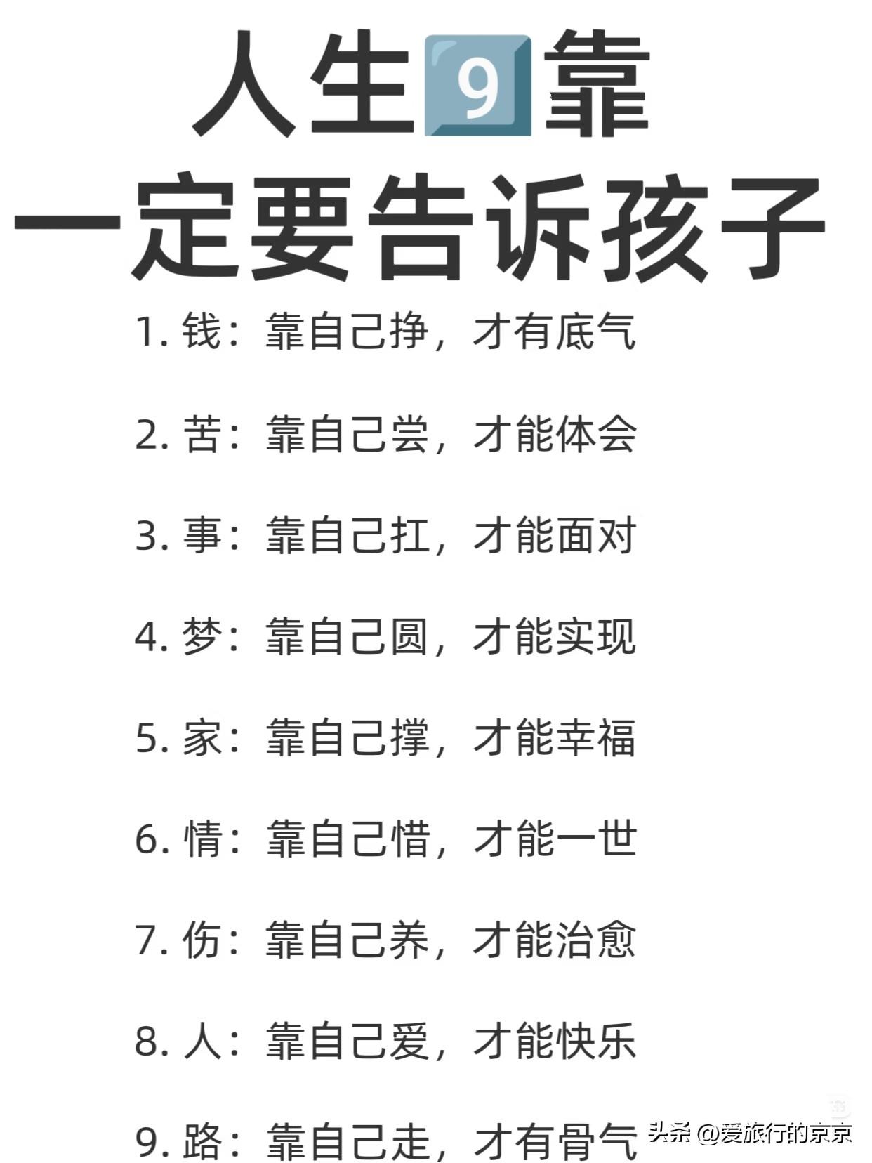 人生“九靠”，句句真言，一定要告诉孩子~
钱~靠自己赚，花着更有底气，
苦~靠自