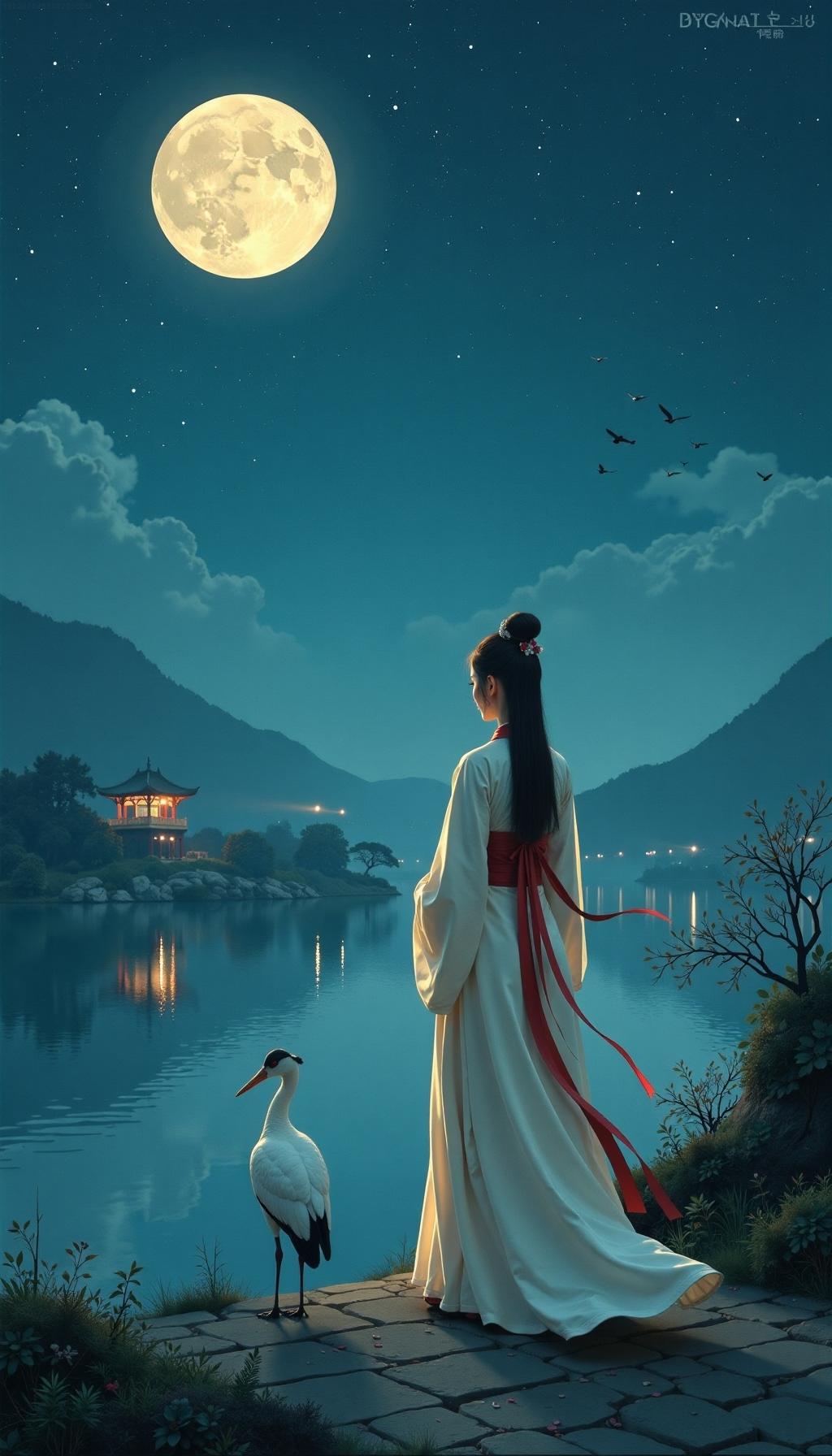 上联:何人解我相思苦
下联:天上人间共此情
古代诗意场景，夜空繁星点点，一轮明月