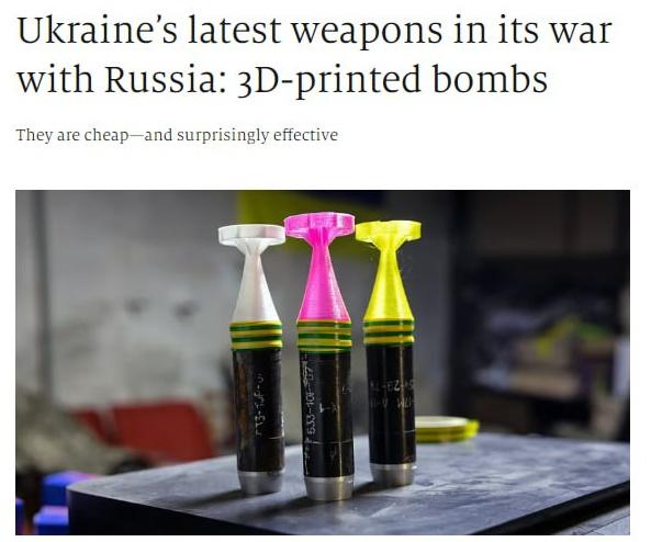 据《经济学人》报道，在弹药短缺的情况下，乌克兰已转向 “3D炸弹”。在过去几个月