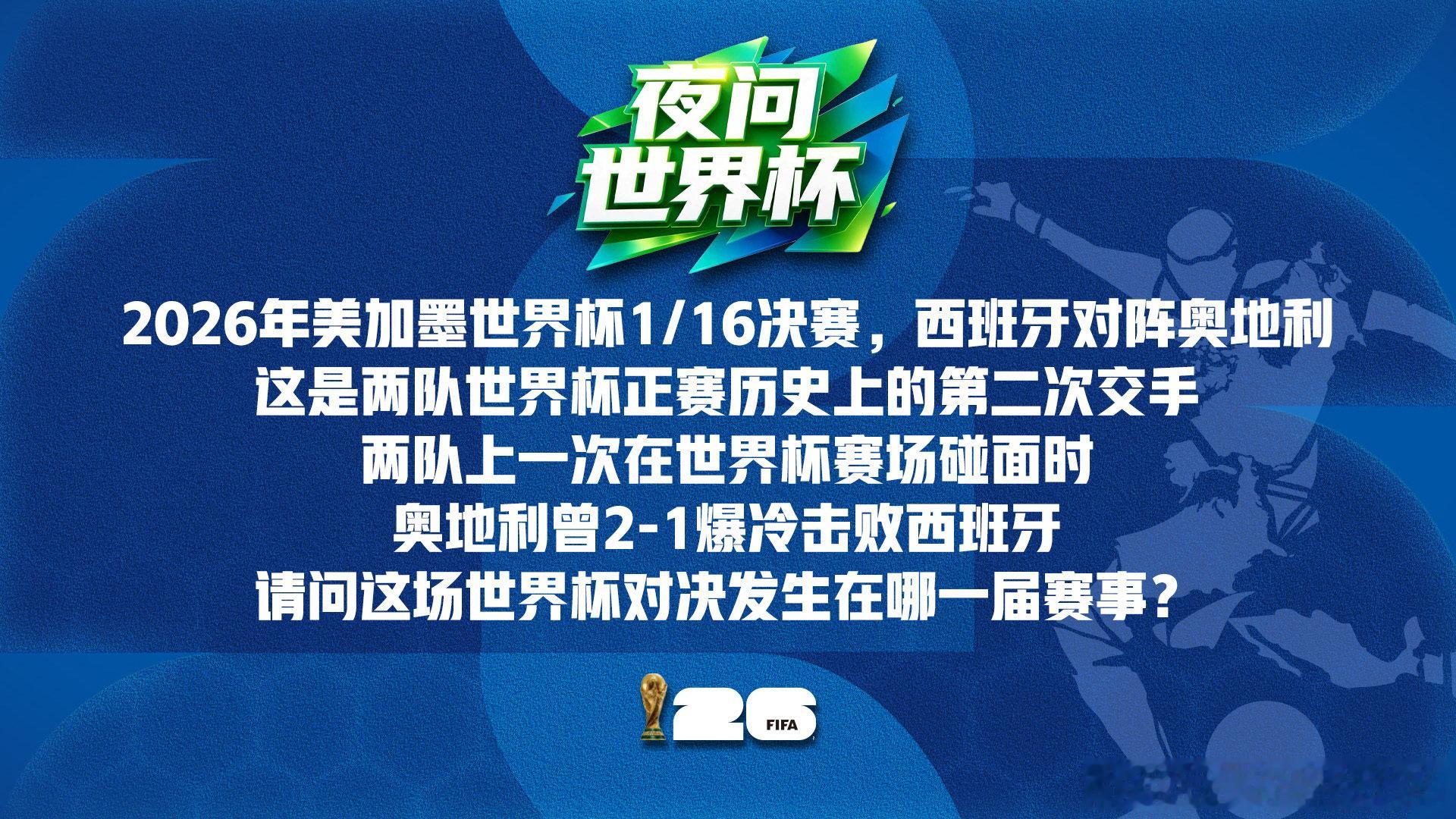 夜问世界杯 奥地利上一次在世界杯正赛遇到西班牙时2比1爆冷击败对手，请问是在哪一