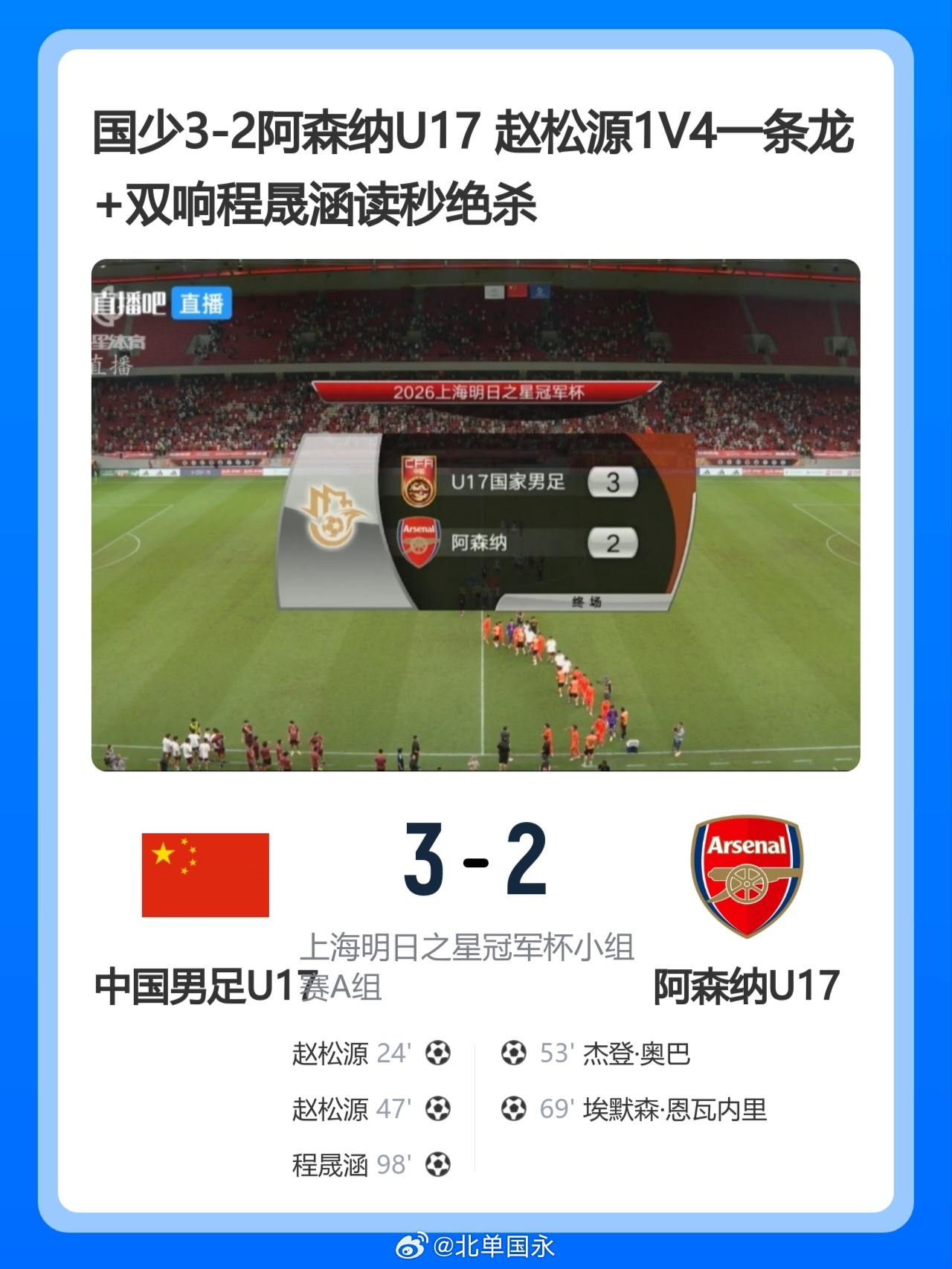 北京单场 读秒绝杀！国少3-2阿森纳U17 赵松源1V4一条龙+造乌龙 程晟涵绝