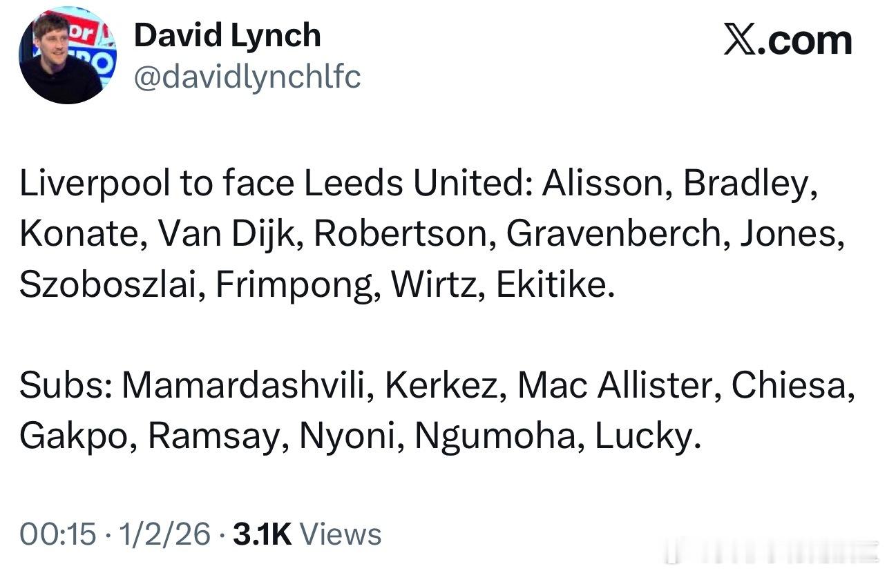 罗伯逊首发，索博回归首发顶替了麦卡，弗林蓬首发右边锋。 利兹联那边奥卡福和勒温都