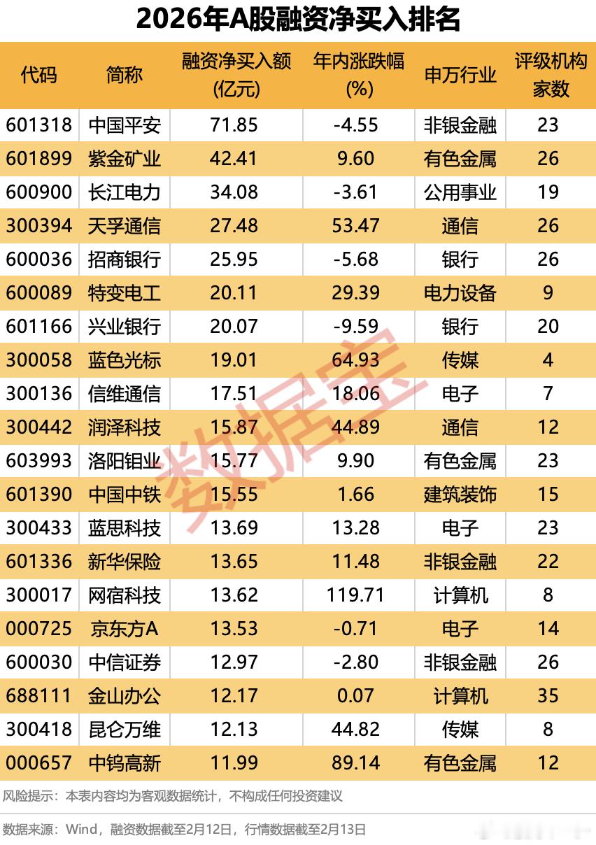 2026年融资买入的个股排名 