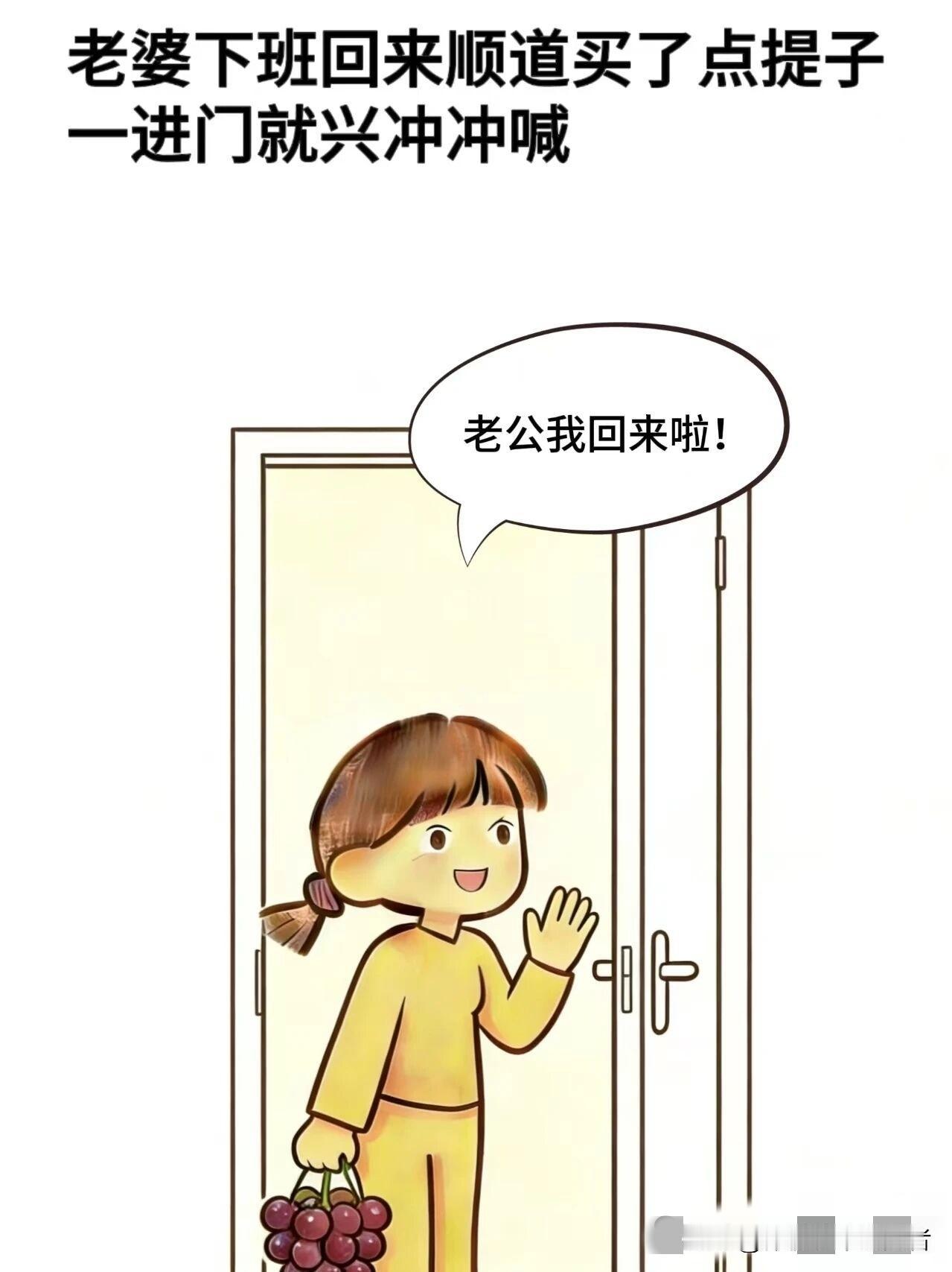 趣味漫画:老婆：老公我回来啦，吃过晚饭，老婆：我去刷碗，你把提子洗了，老公点点头