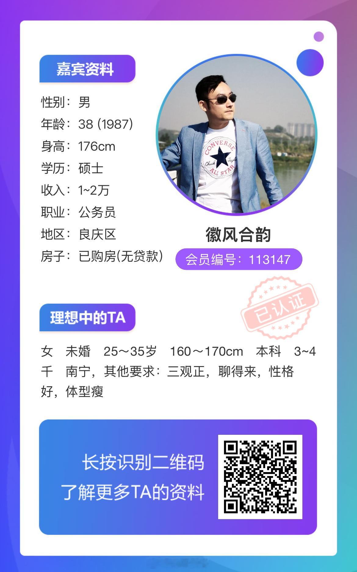 113147男嘉宾：87年，身高176，现居南宁，详情如下↓ 