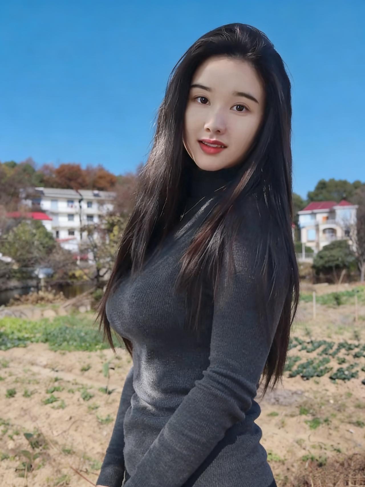 晴郊日暖透林柯，村路萦回绕碧波。
红砖墙边凝笑靥，黄金叶底拂烟罗。
眉弯浅带三山