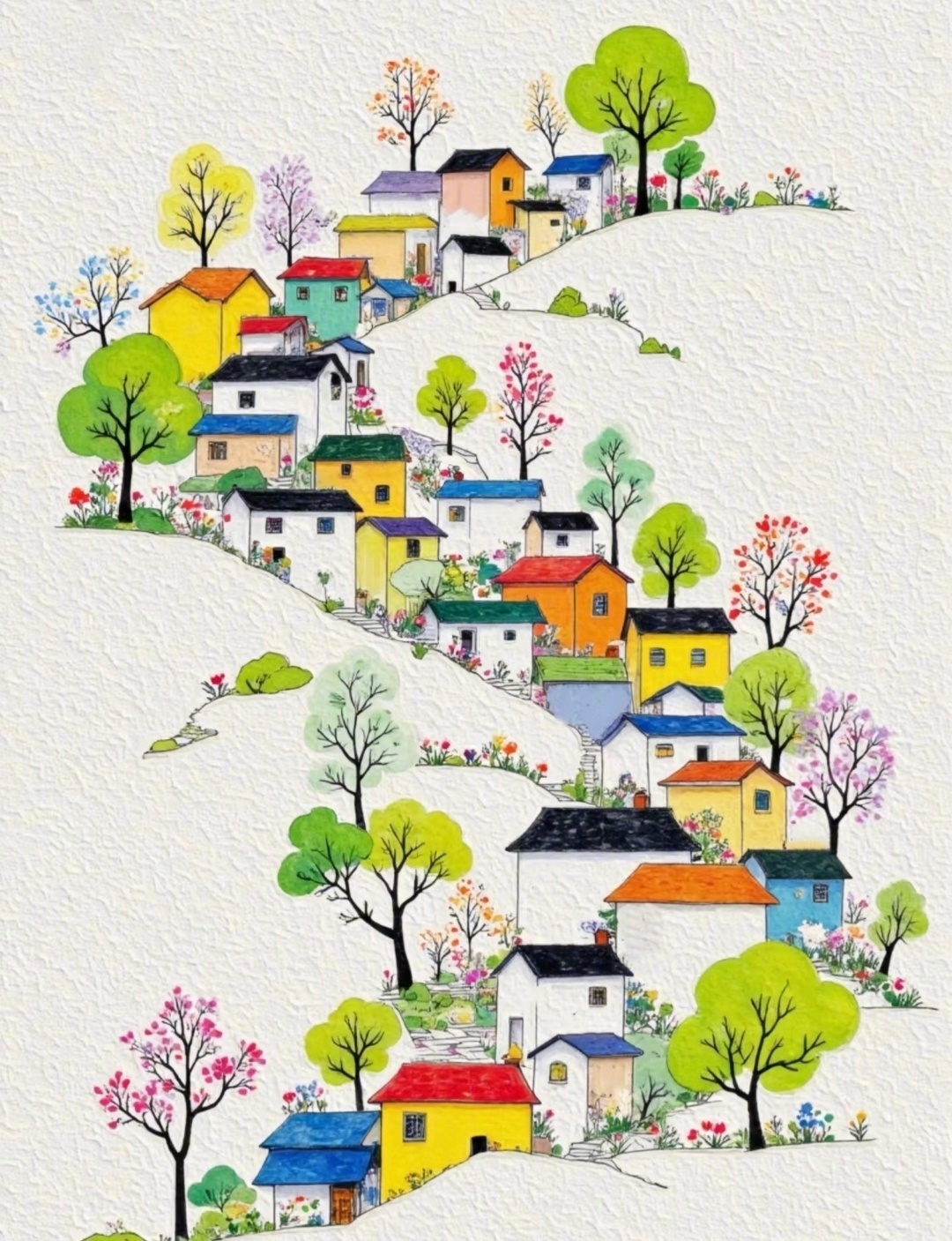 一径穿林入，烟村四五家柴门闲半掩，檐角落松花 ​​​