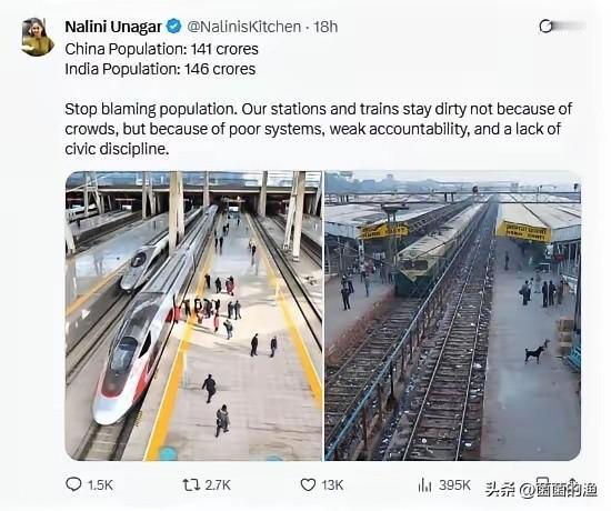 印度180万粉大V妹子真敢玩，发了张中印车站对比图：
左边中国高铁站，亮堂得像开
