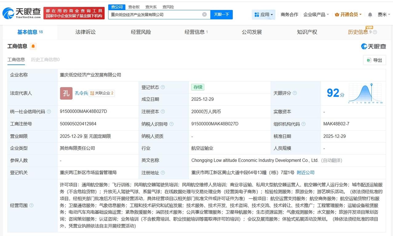 重庆低空经济产业发展公司登记成立注册资本2亿
天眼查App显示，近日，重庆低空经