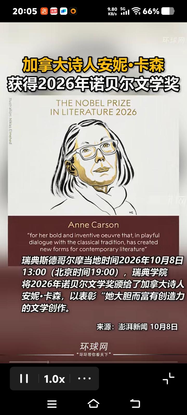 2026年诺贝尔文学奖被加拿大女诗人安尼.卡森摘走，中国的作家残雪无缘。
这样