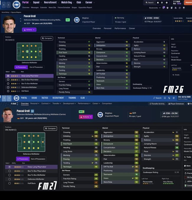 FM26 和 FM27 球员资料界面对比！ ​​​
