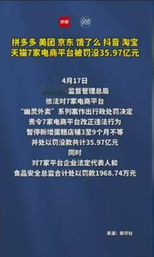 35亿天价罚单！7大电商平台因“幽灵外卖”被重罚，监管风暴来袭⚡
4月17日，市