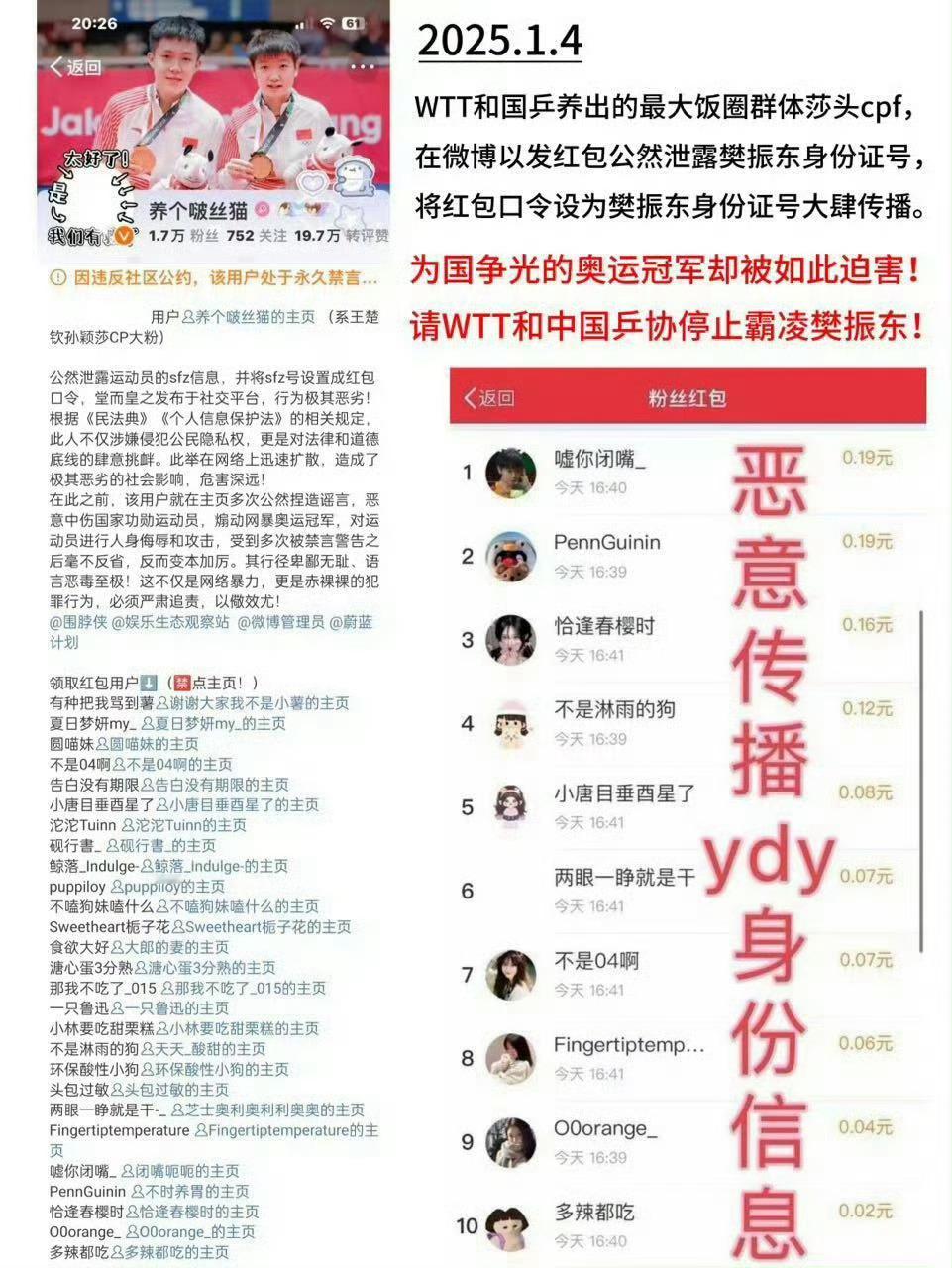 网友用樊振东身份证号发红包后致歉 系王楚钦孙颖莎粉丝公然泄露运动员的sfz信息，