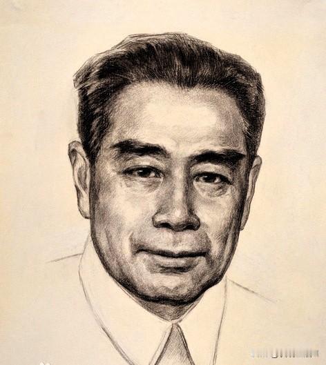 伍必端怀着无比沉痛与崇敬的心情，饱含热泪为总理绘制的一幅肖像。画像中总理的神情清