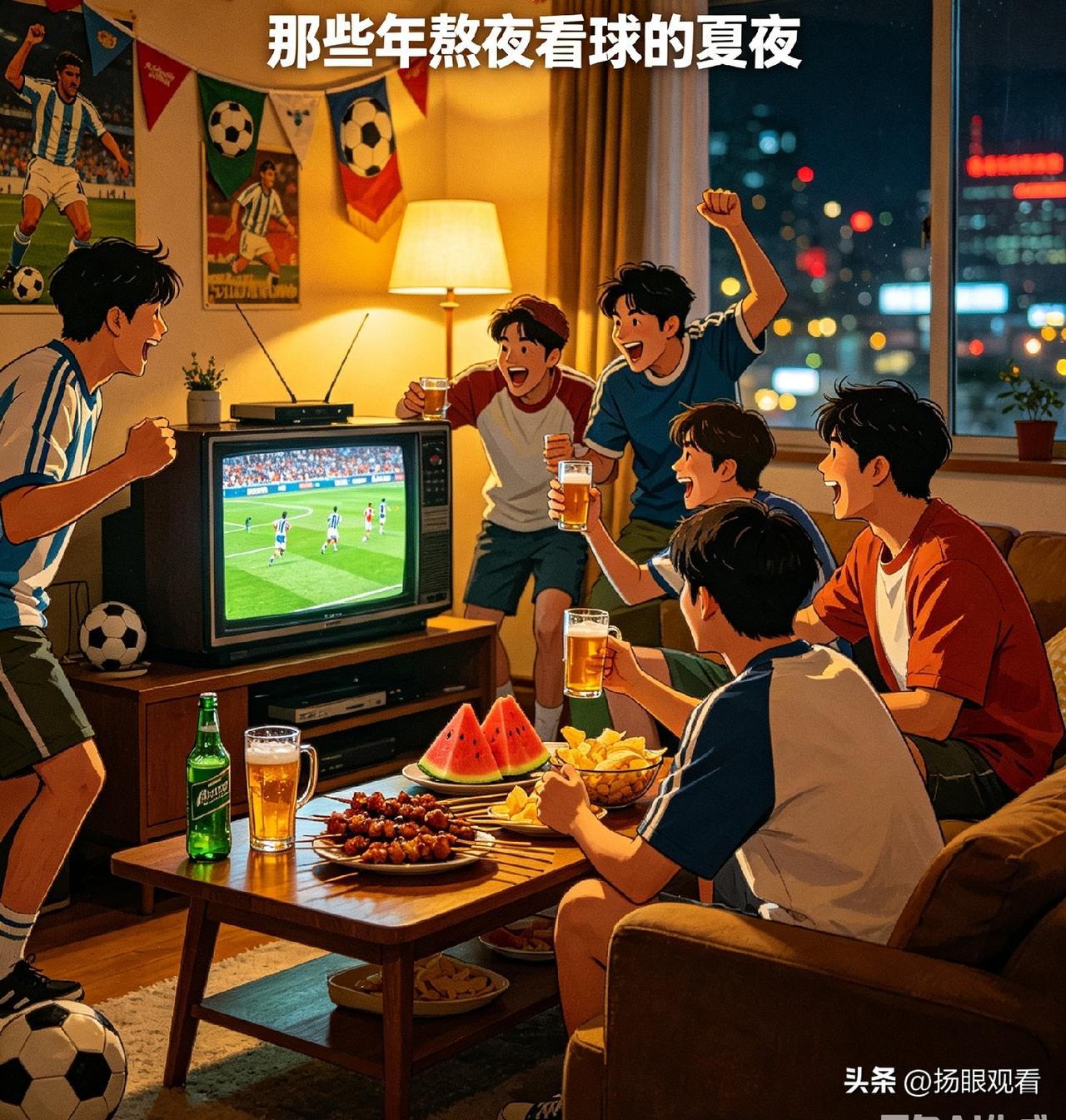和朋友挤在烧烤店熬夜观战，进球瞬间整桌人碰杯欢呼，乌龙球来了集体叹气。见过球星各