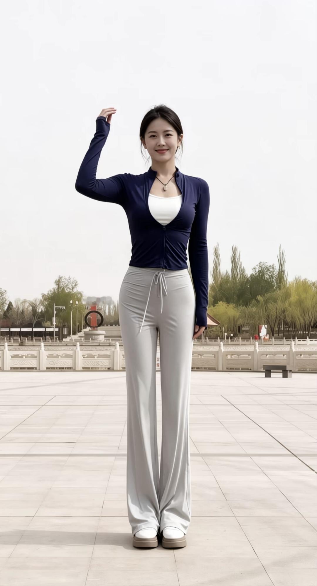 1. 高级气质，从来都赢在简约。藏青修身开衫衬出柔和曲线，浅灰垂感阔腿裤拉长身形