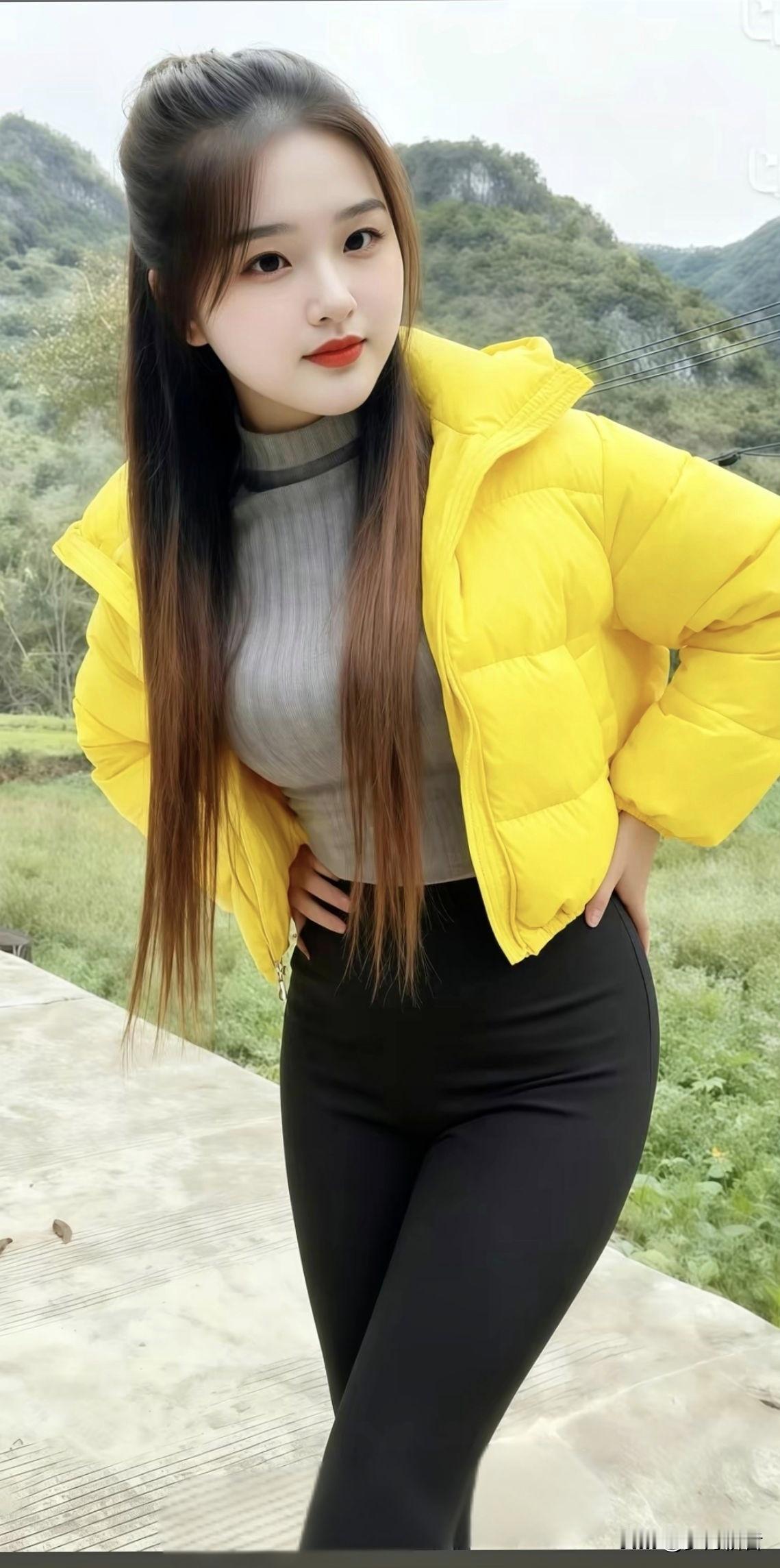 亮黄色羽绒服+黑色紧身裤，犹如冬日暖阳！