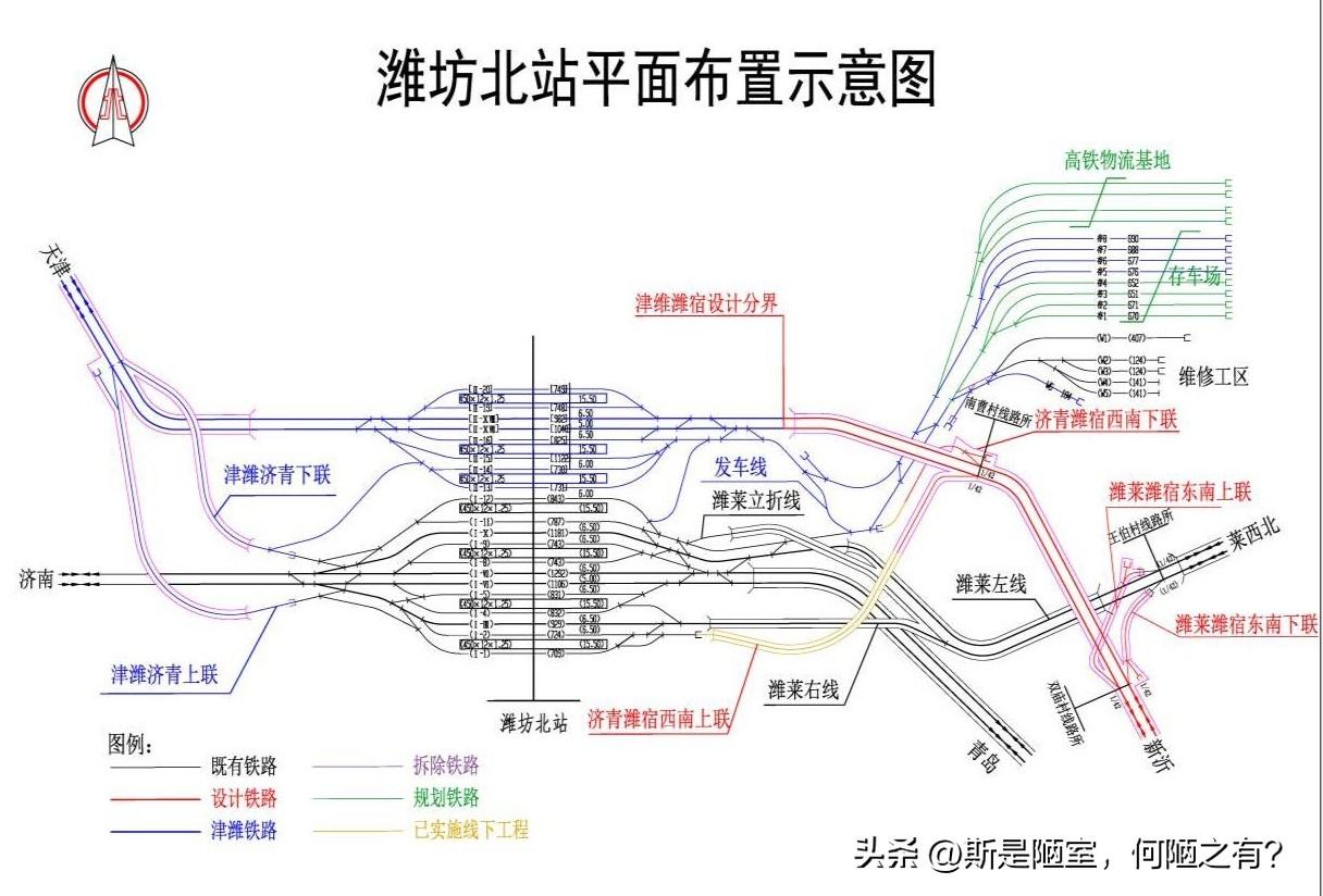 图纸画了上下两条联络线，实际只修单线！潍坊北站这个枢纽细节很多人看错
 
翻看潍