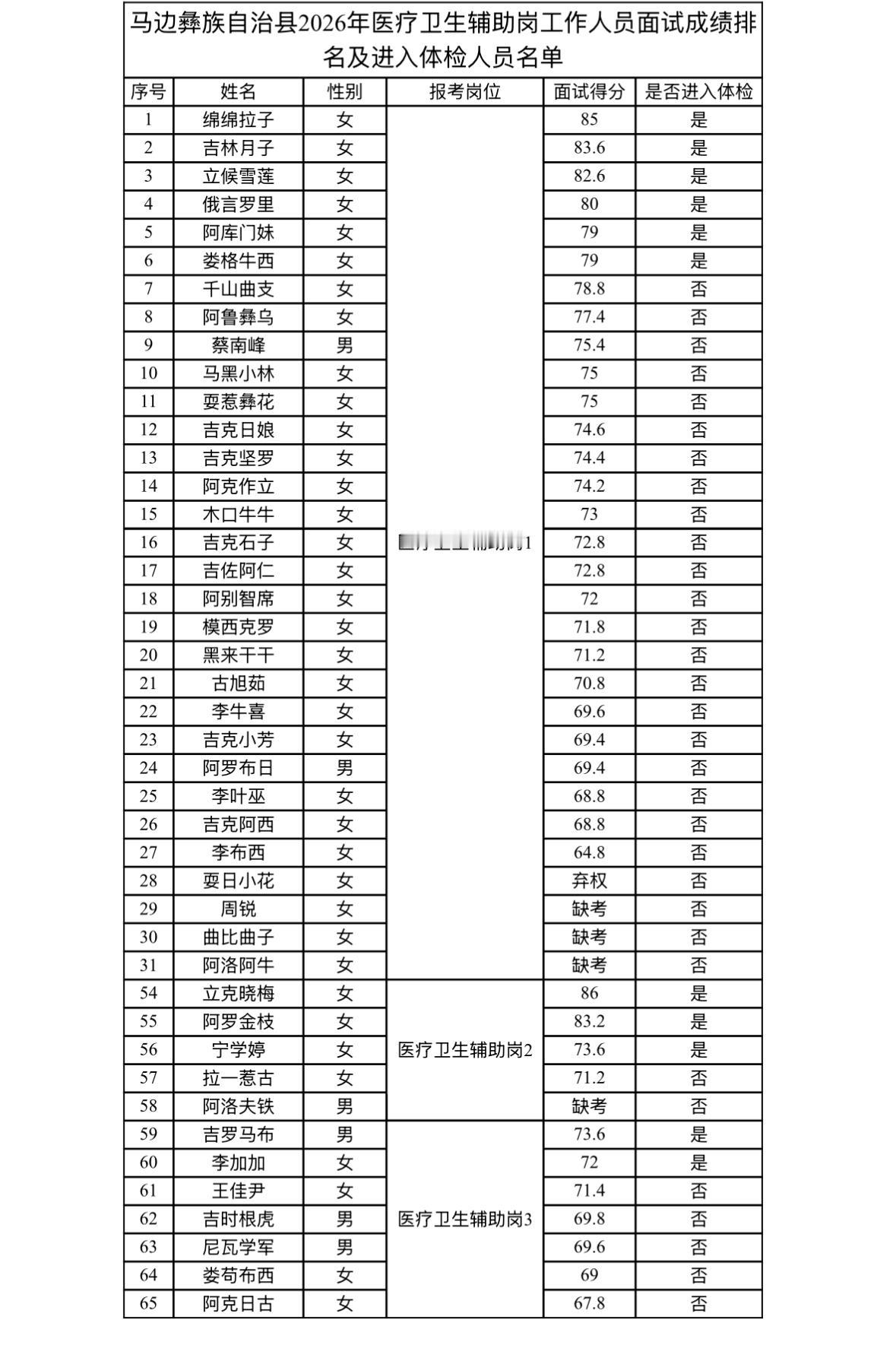 【四川乐山】马边彝族自治县2026年公开考核招聘医疗卫生辅助岗工作人员面试成绩排