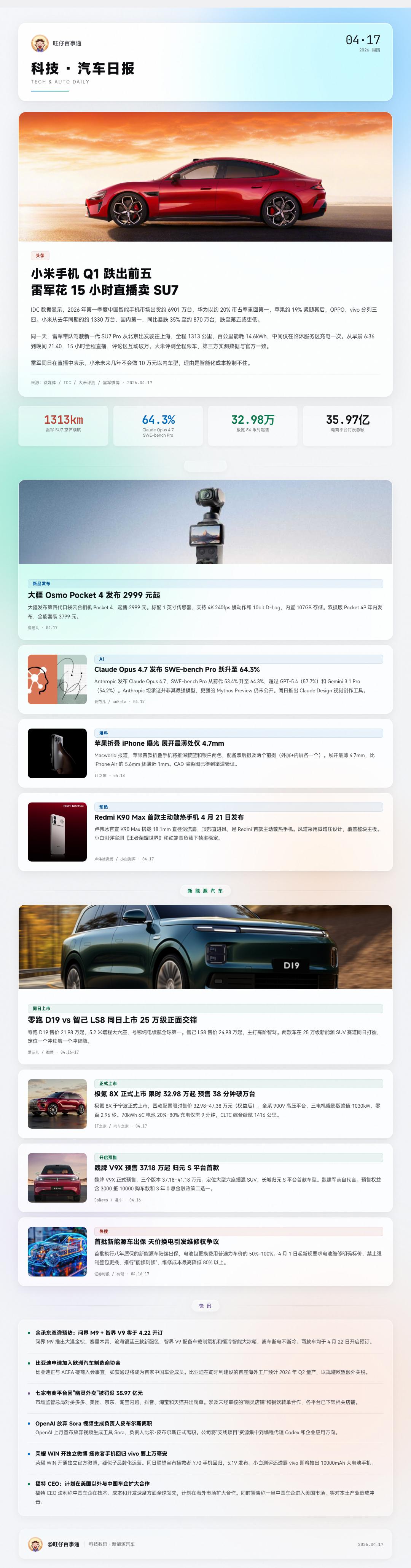 以后每天的新专栏，科技和新能源日报，每天早上都会定时发布，今天先试试