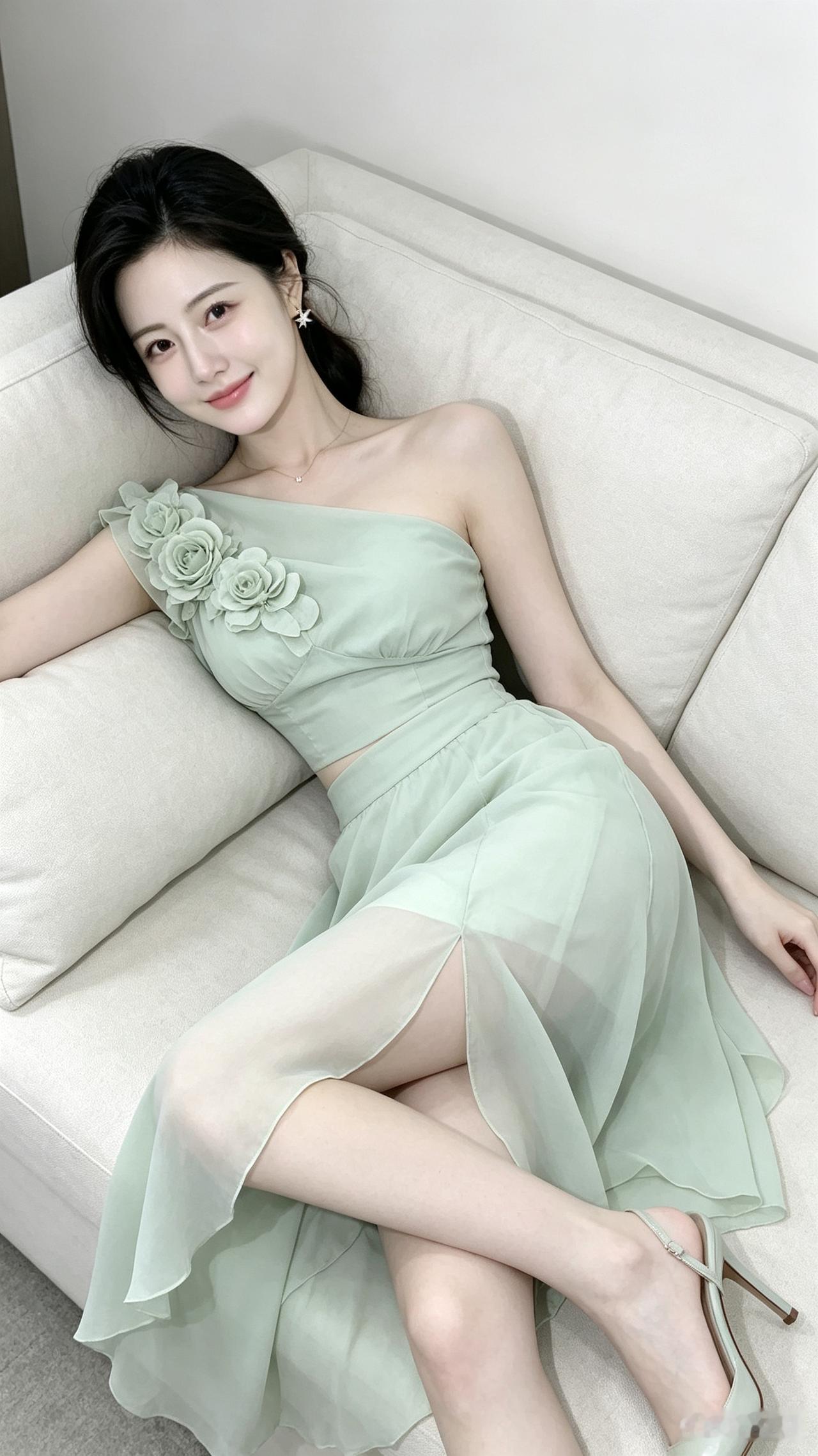 穿着花裙子的女孩在沙发上休息。