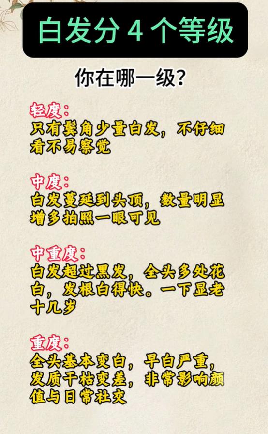 白发分为 4 个等级，对照看看你的白发属于哪一级