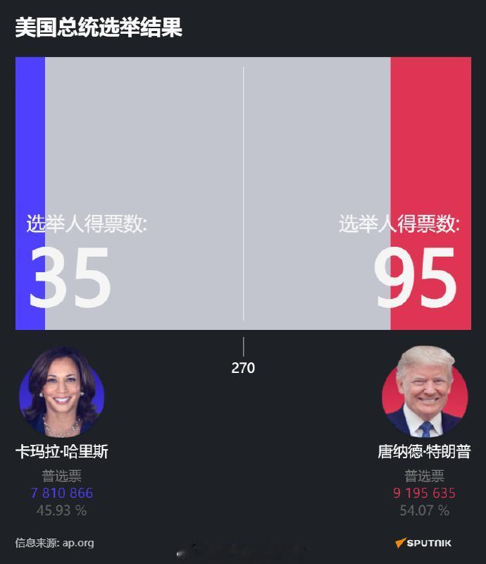 美国大选实况，当前得票数为特朗普95票对哈里斯35票。
#国际新闻#